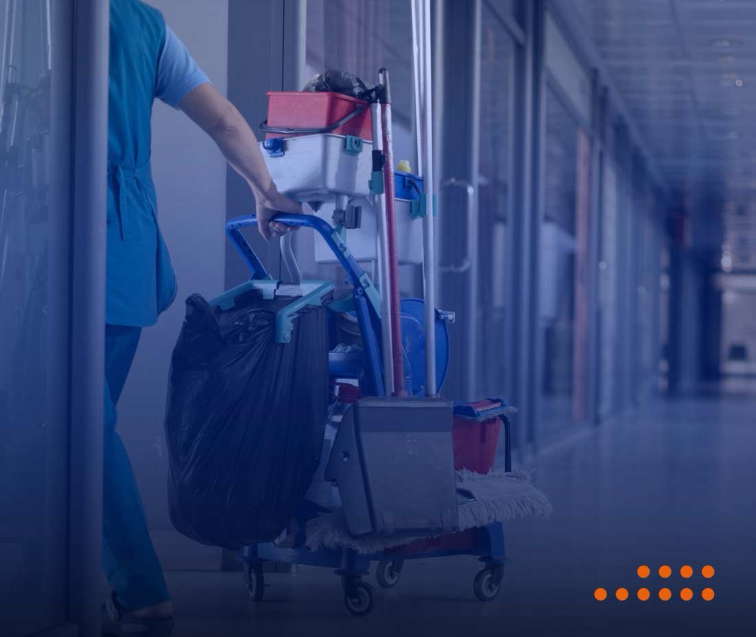 cleaning cart in office hallway